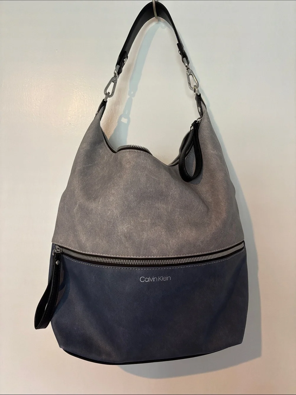 Calvin Klein Two-Tone Gray and Navy Leather Hobo